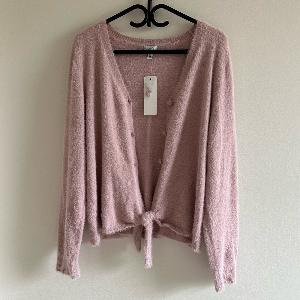 Olivia Sky Pink Fuzzy Sweater with Buttons and Tie in Front New with Tags